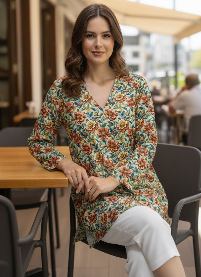 Cream Flower Printed Muslin Casual Short Kurti