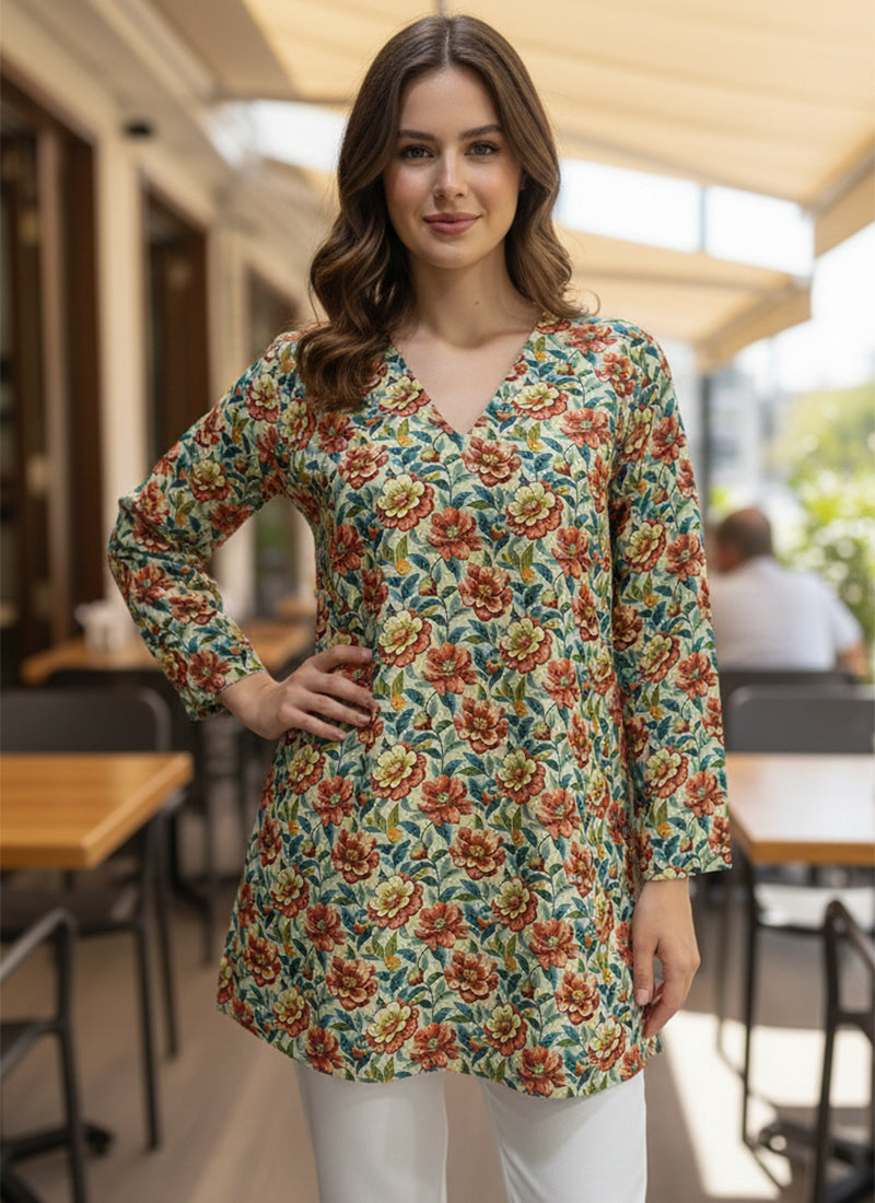 Cream Flower Printed Muslin Casual Short Kurti