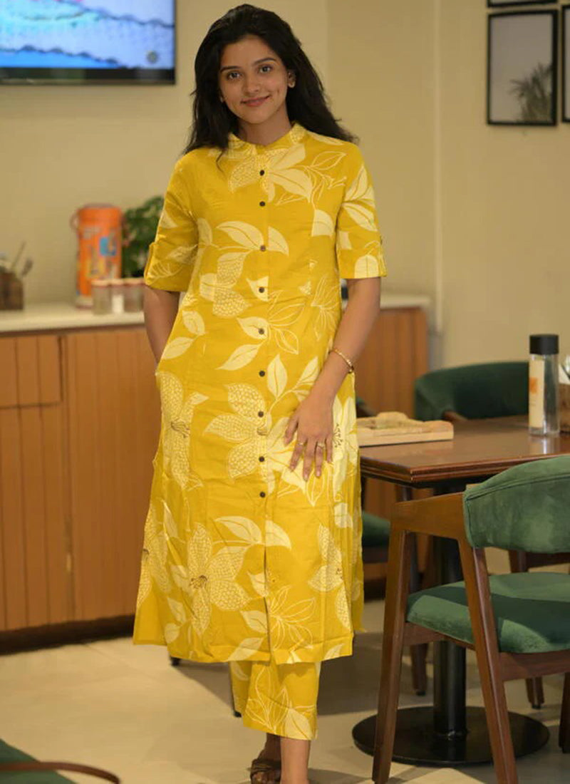 Mustard Yellow printed rayon cord set