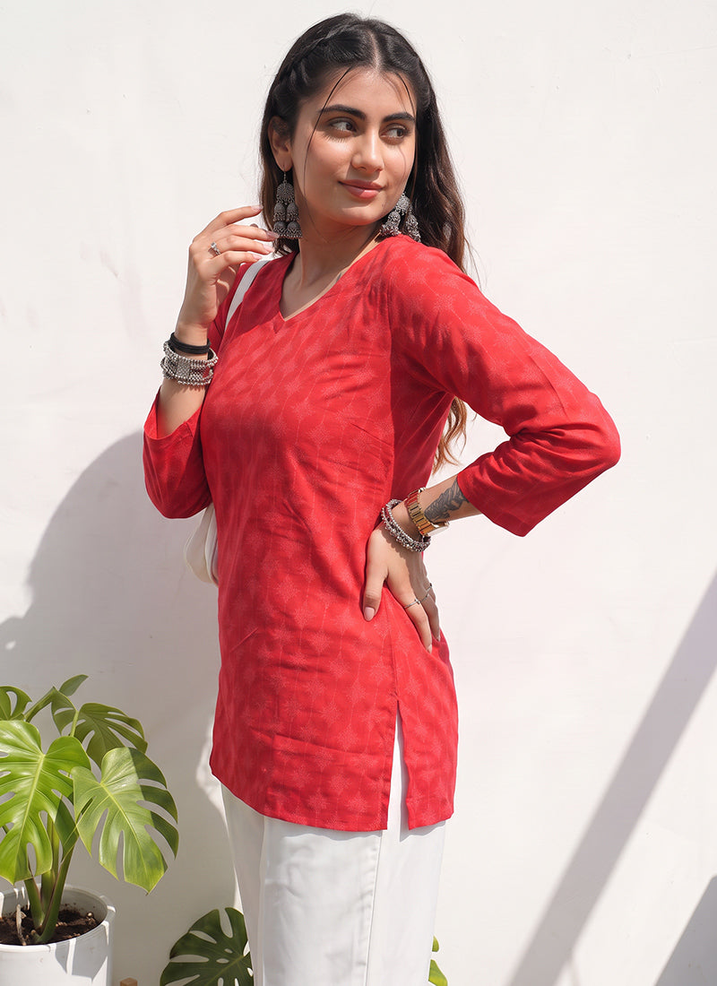 Red Cotton Printed V Neck Officewear Kurti