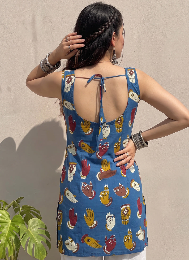 Blue Cotton Printed Straight-Cut Kurti