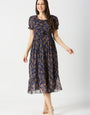 Georgette Rose Printed Royal Blue Midi Dress
