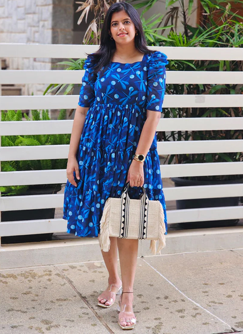 Blue Dragonfly Printed Poly Rayon Midi Dress