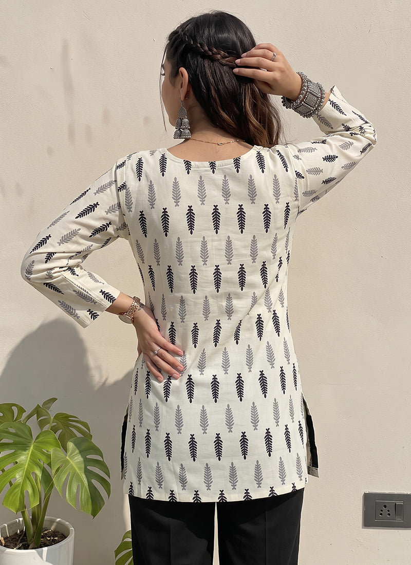 White And Black Cotton Printed Kurti