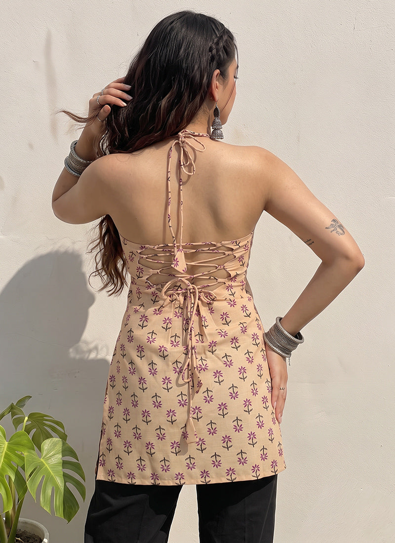 Peach Cotton Printed Sleeveless Kurti