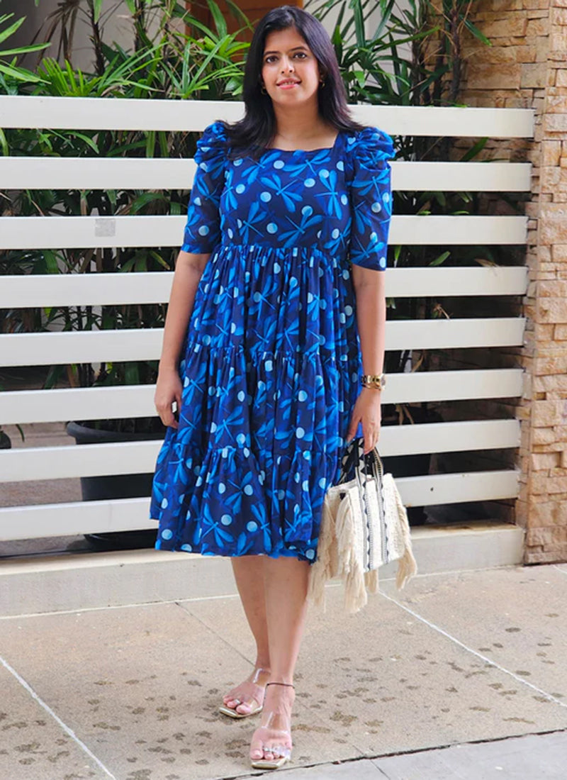 Blue Dragonfly Printed Poly Rayon Midi Dress