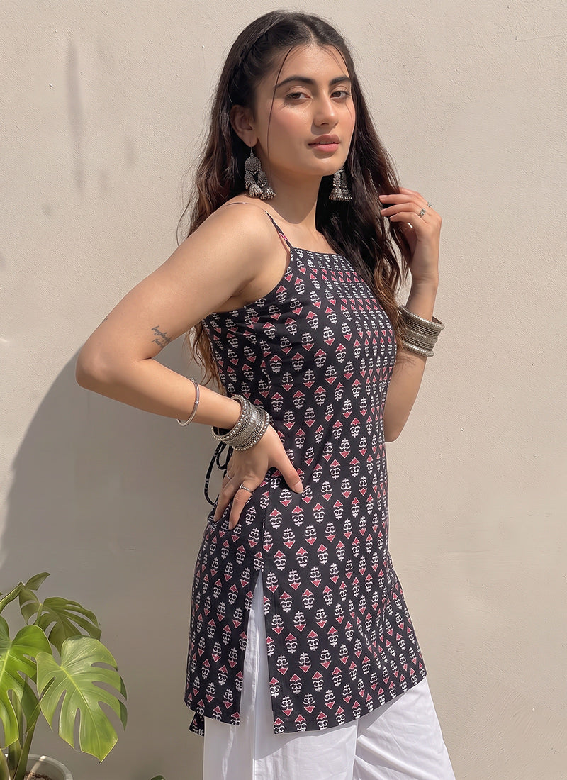 Black Cotton Printed Spaghetti Strap Kurti