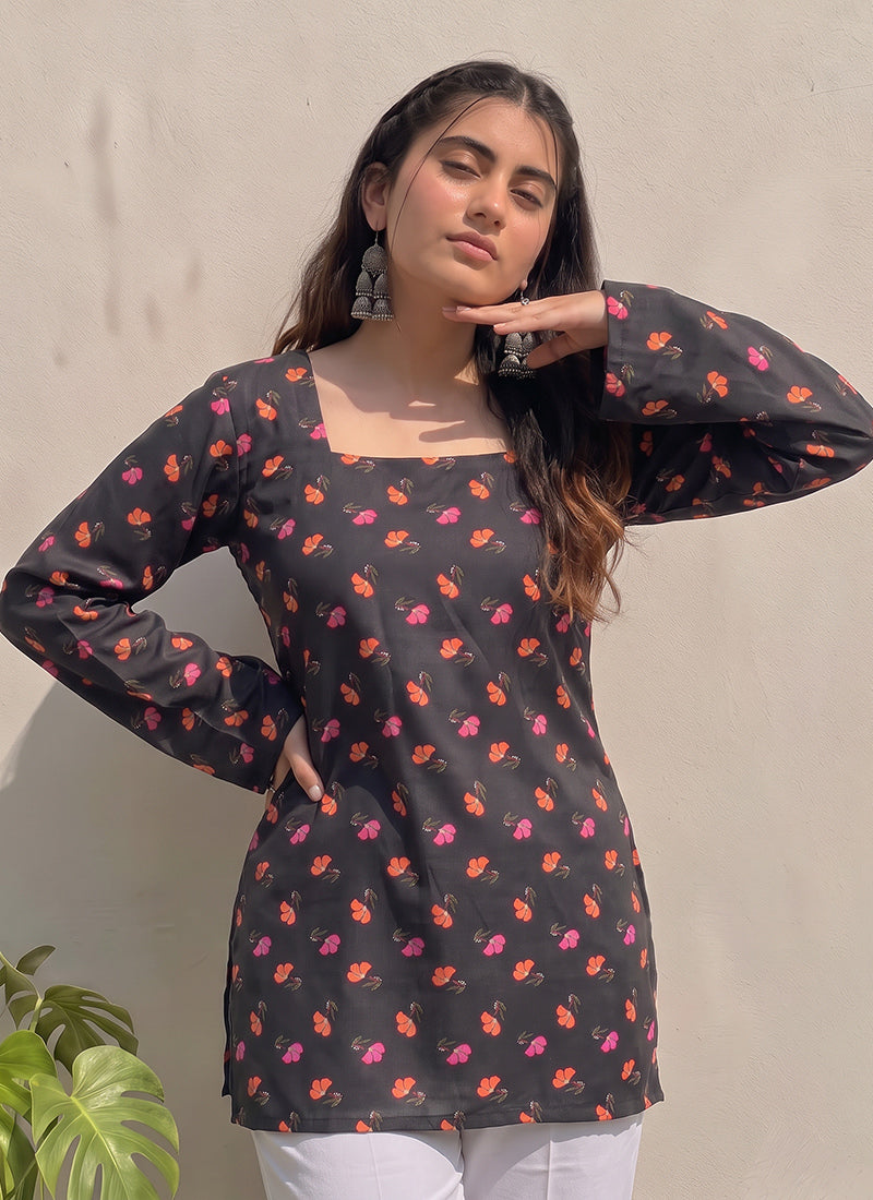 Black Cotton Printed Bell Sleeves Kurti