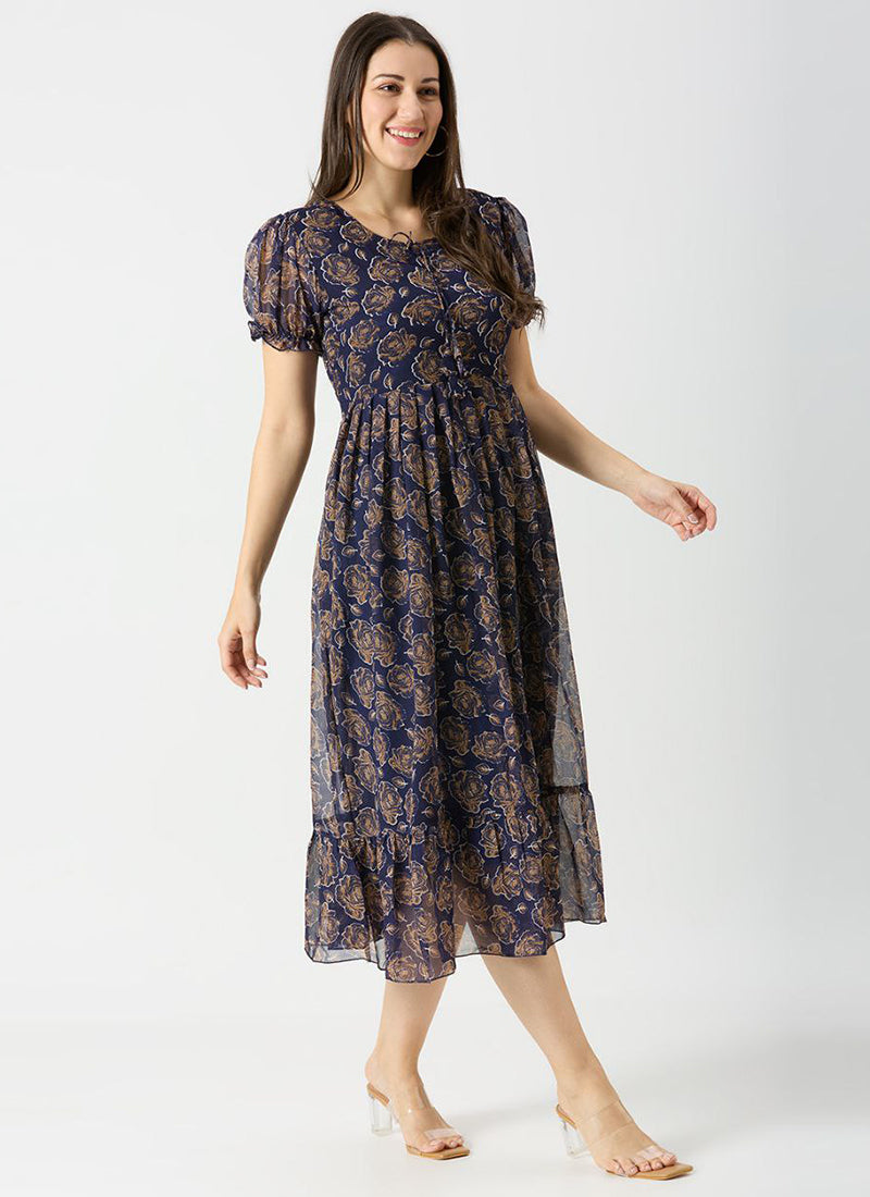 Georgette Rose Printed Royal Blue Midi Dress