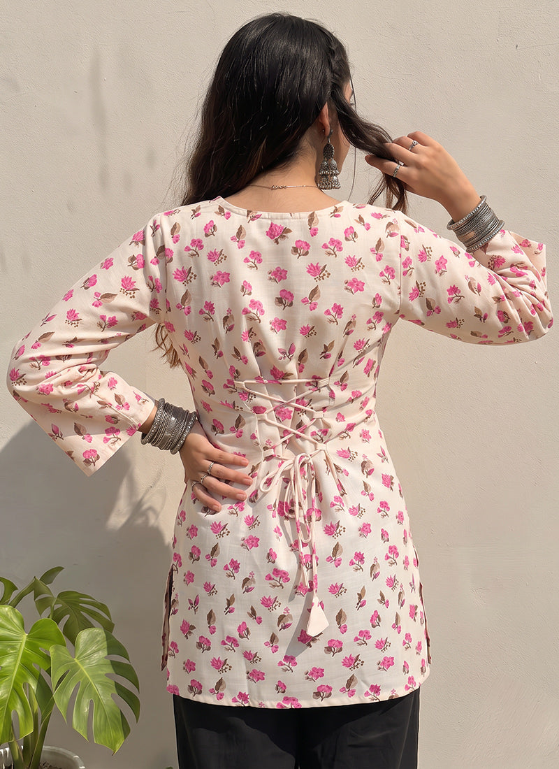 Off White Floral Printed Cotton Officewear Kurti