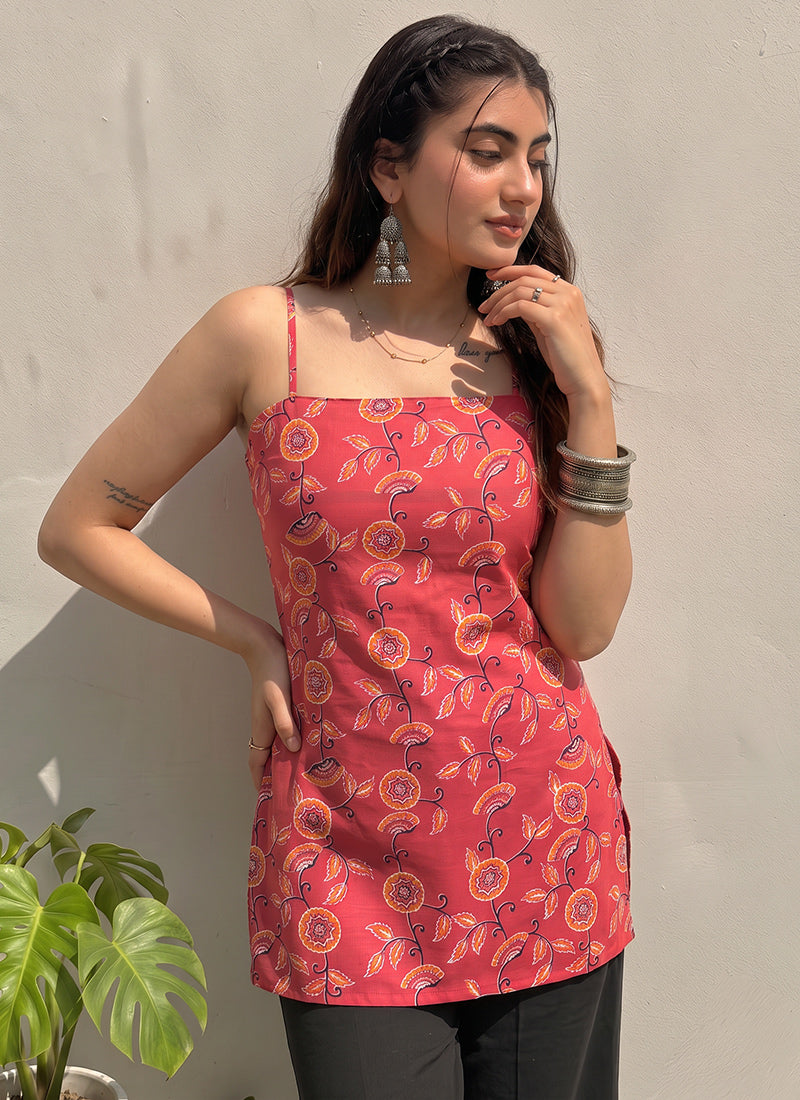 Red Floral Printed Cotton Outwear Kurti