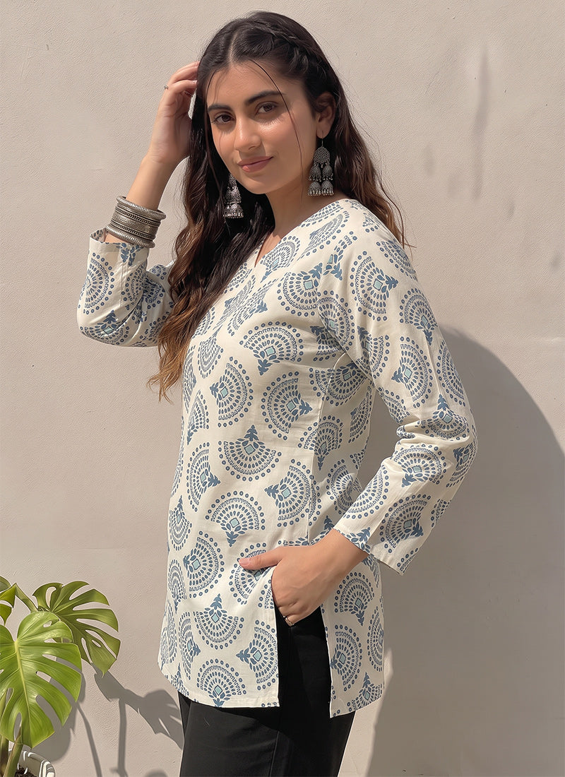 Off White And Green Printed Cotton Kurti
