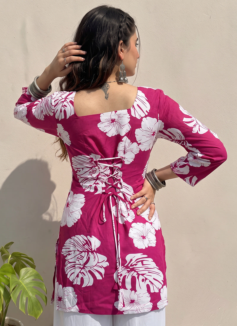 Pink Floral Printed Square Neck Cotton Kurti