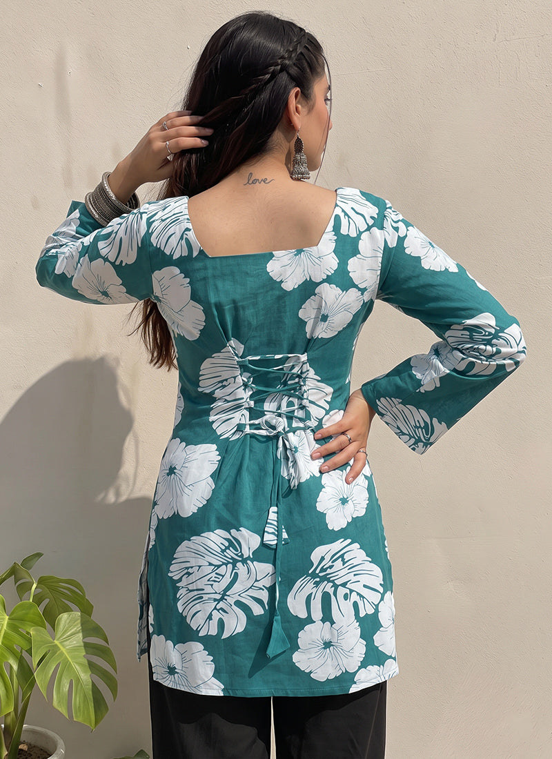 Teal Green Floral Printed Square Neck Cotton Kurti