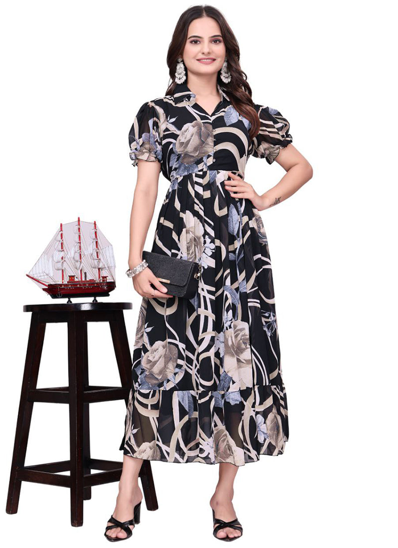 Black Geometric Printed Georgette Fit & Flare Midi Dress