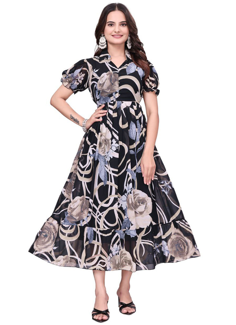 Black Geometric Printed Georgette Fit & Flare Midi Dress