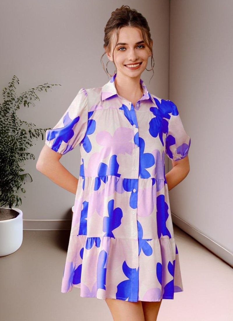 Blue And Cream Cotton Printed One Piece Mini Dress