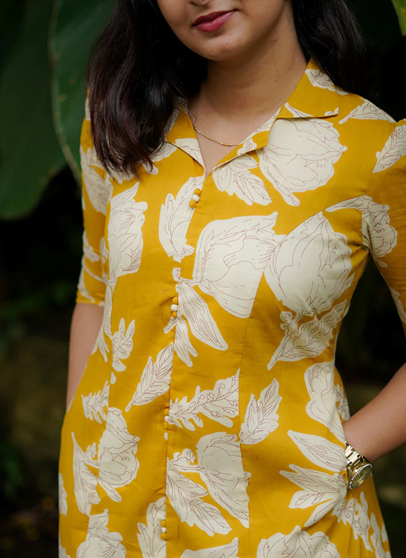 Yellow floral printed midi dress