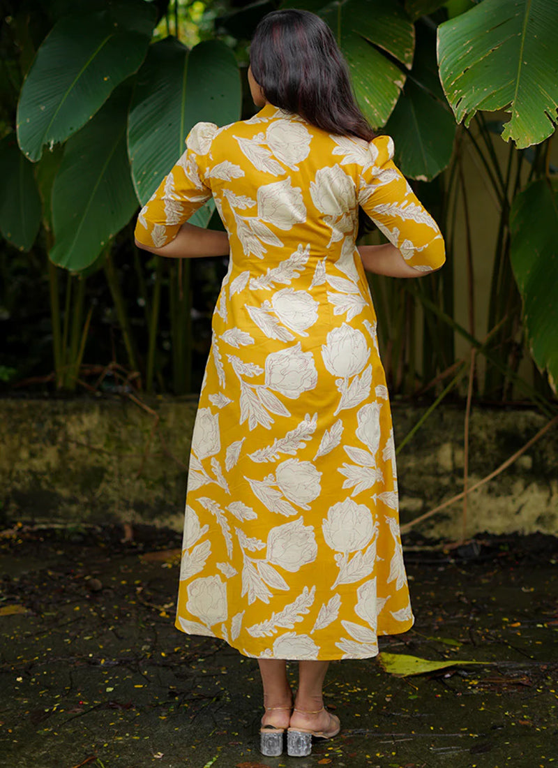 Yellow floral printed midi dress