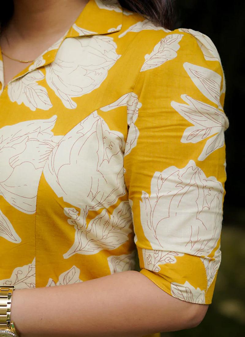 Yellow floral printed midi dress