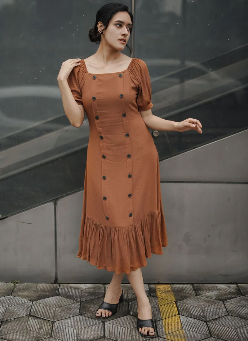 Brown Rayon Flary Party Wear Midi Dress