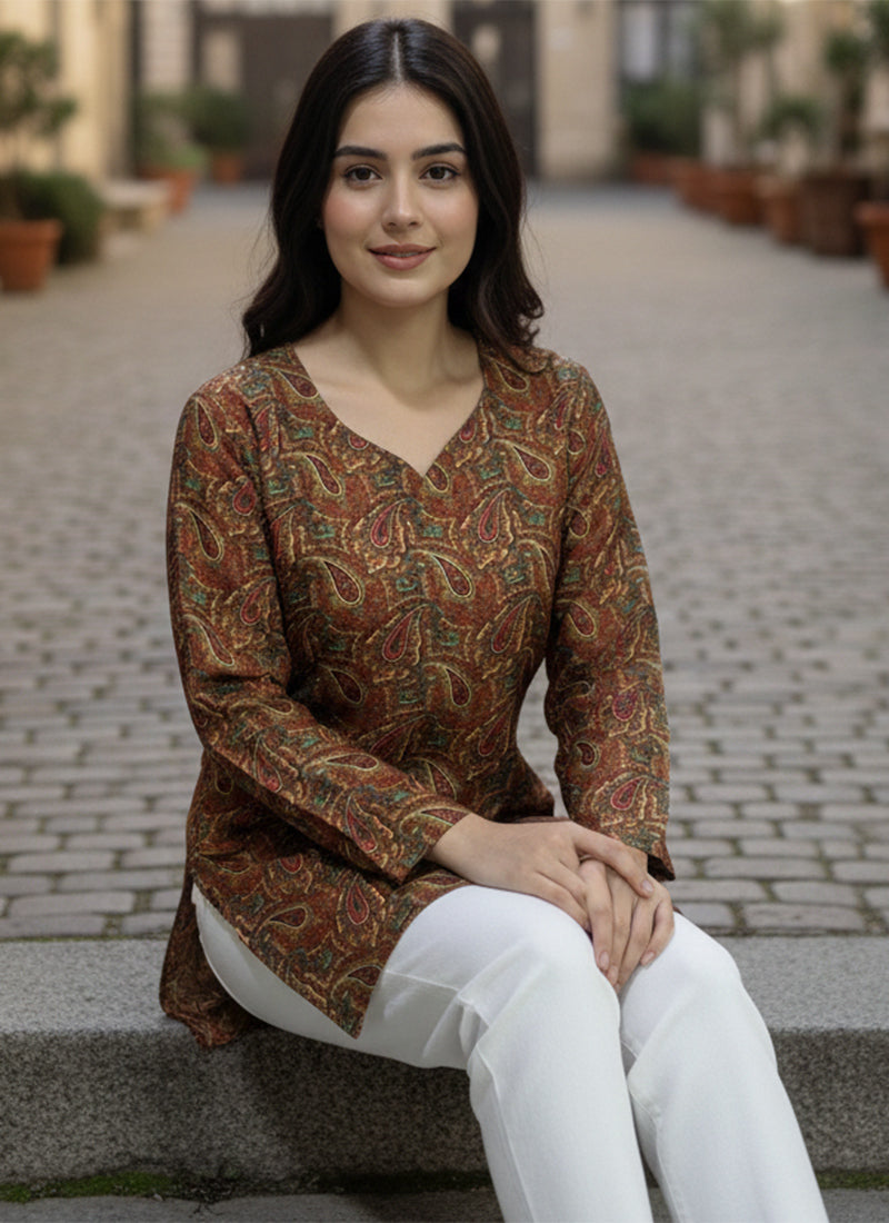 Rust Digital Printed Muslin Casual Short Kurti