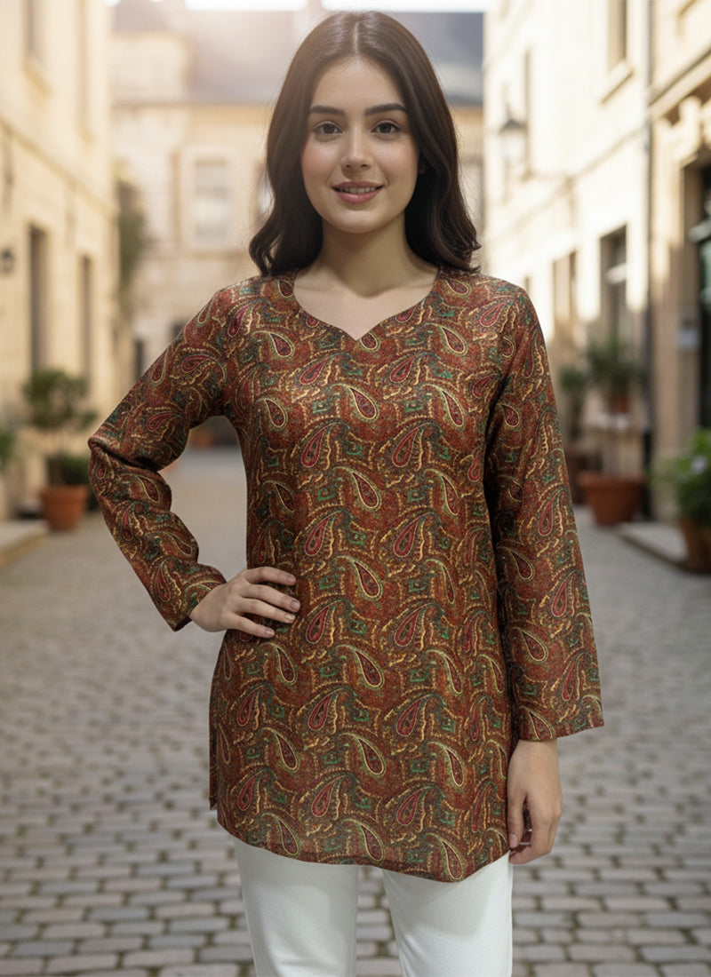 Rust Digital Printed Muslin Casual Short Kurti