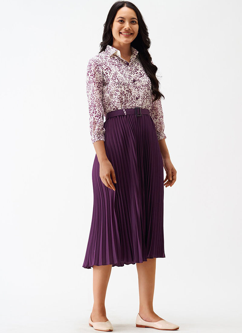 Purple Crepe Floral Printed Midi Dress