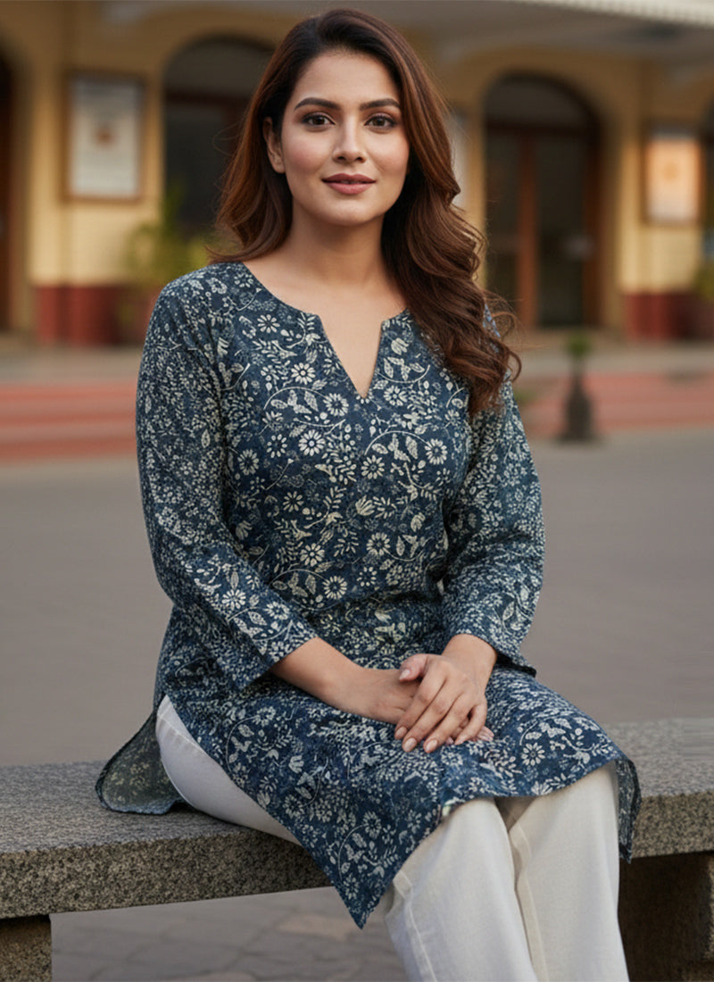 Black Botanical Printed Muslin Casual Short Kurti