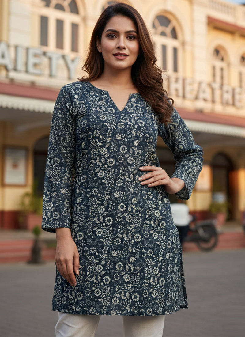Black Botanical Printed Muslin Casual Short Kurti