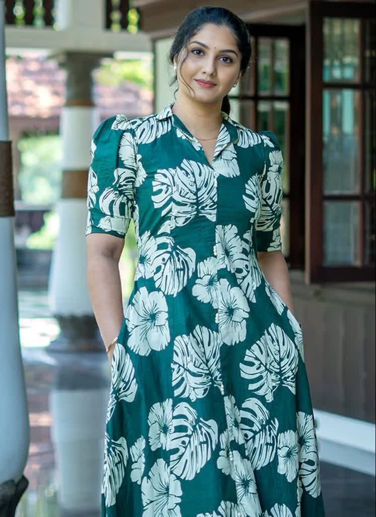 Leaf Printed Rayon Midi Dress