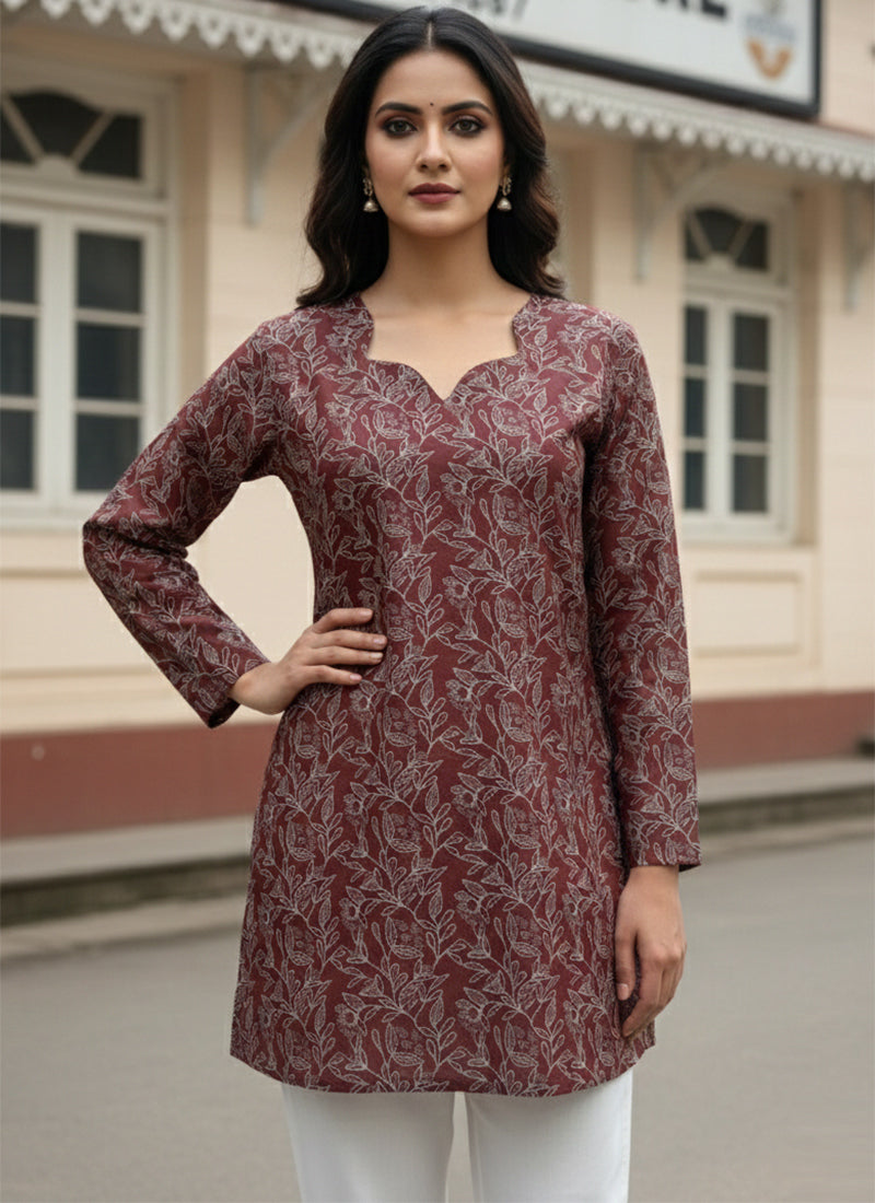 Brown Leaf Printed Muslin Casual Short Kurti