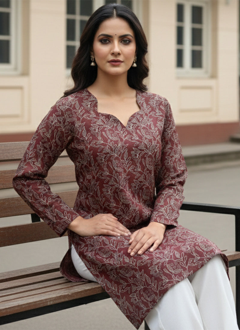 Brown Leaf Printed Muslin Casual Short Kurti