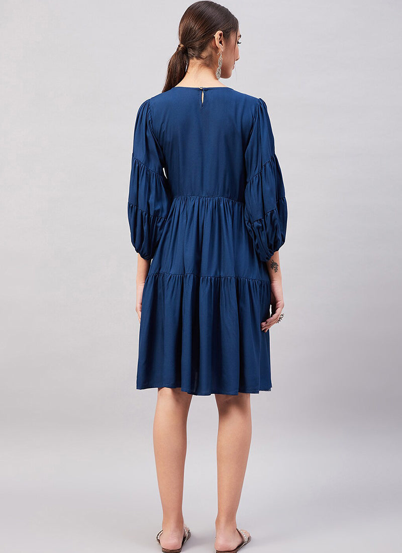 Blue Rayon Solid Midi Dress