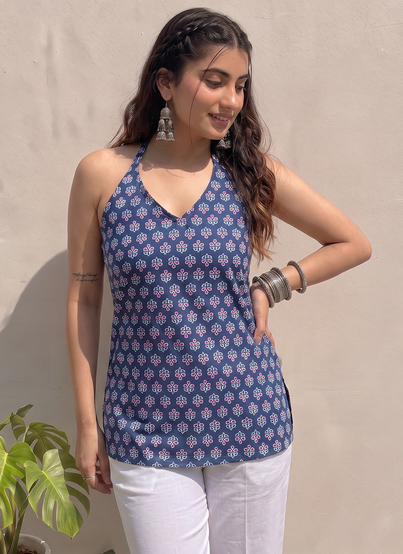 Blue Halter Neck Cotton Printed Outwear Kurti