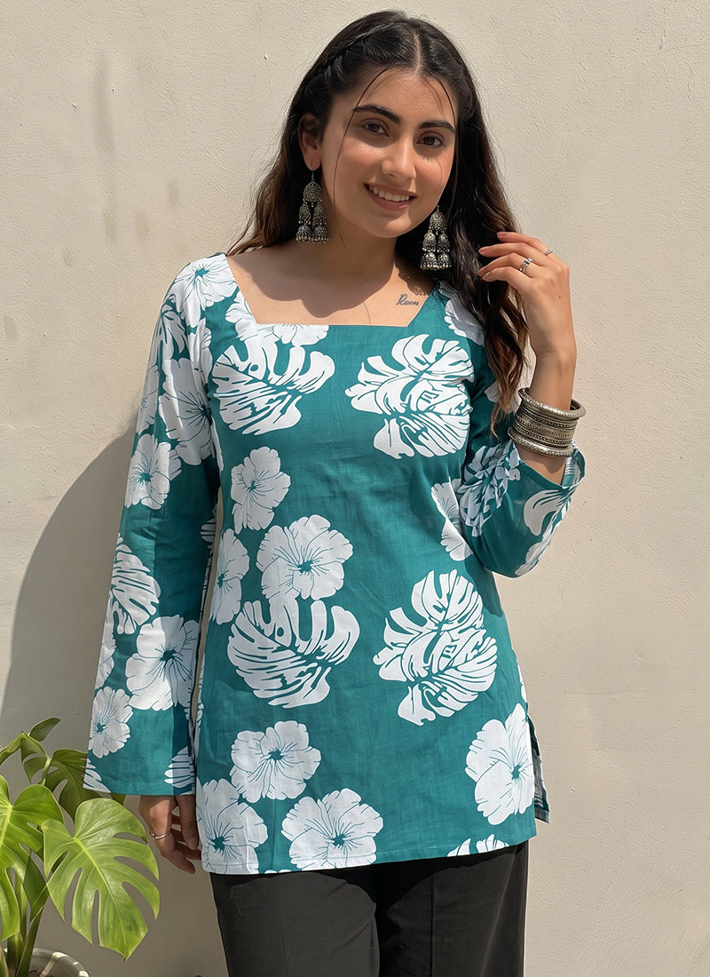 Teal Green Floral Printed Square Neck Cotton Kurti