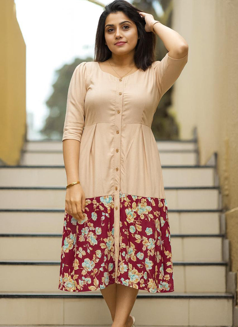 Beige Rayon Printed Outwear Midi Dress