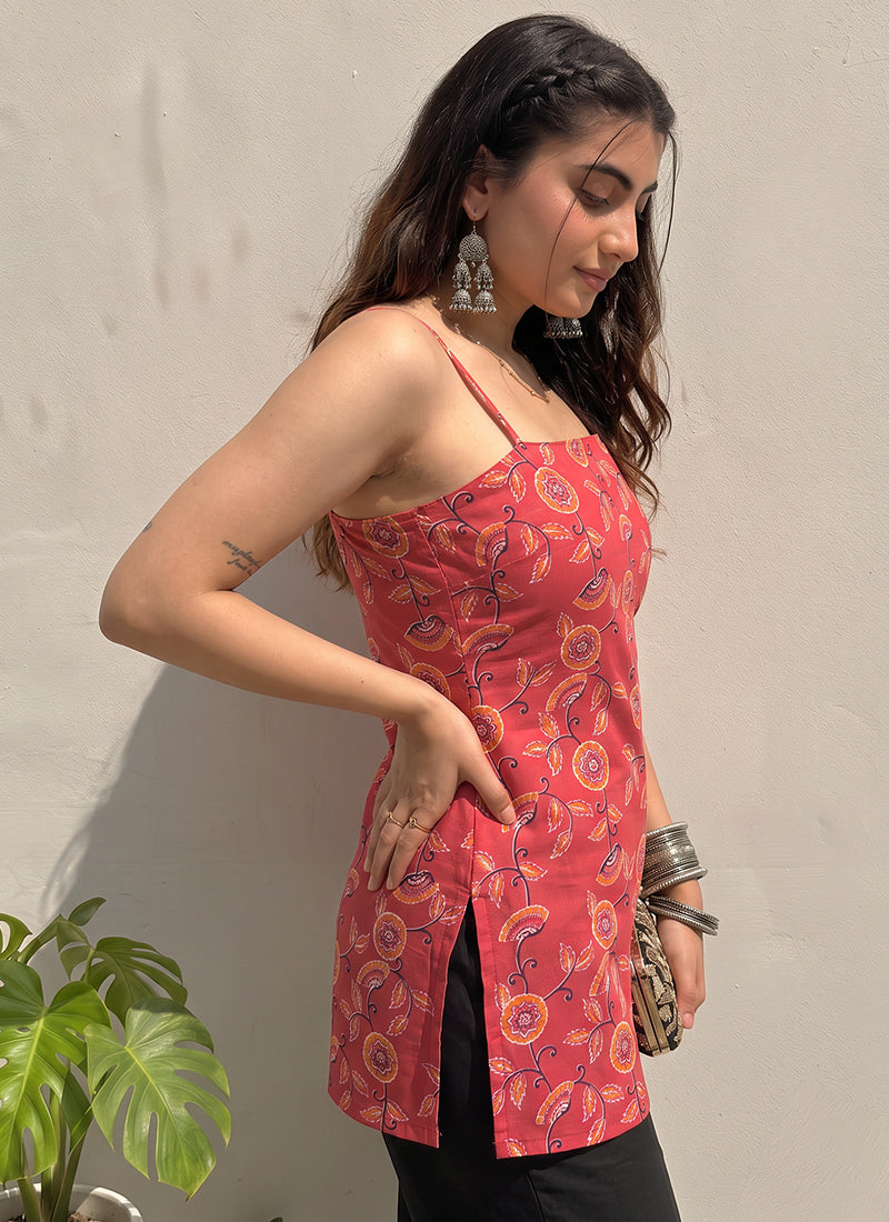 Red Floral Printed Cotton Outwear Kurti