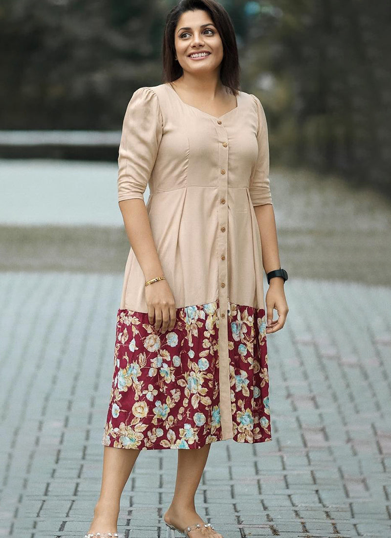 Beige Rayon Printed Outwear Midi Dress