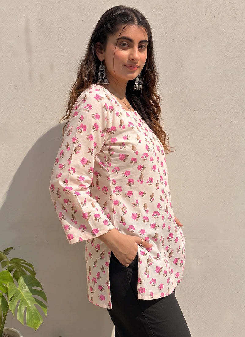 Off White Floral Printed Cotton Officewear Kurti