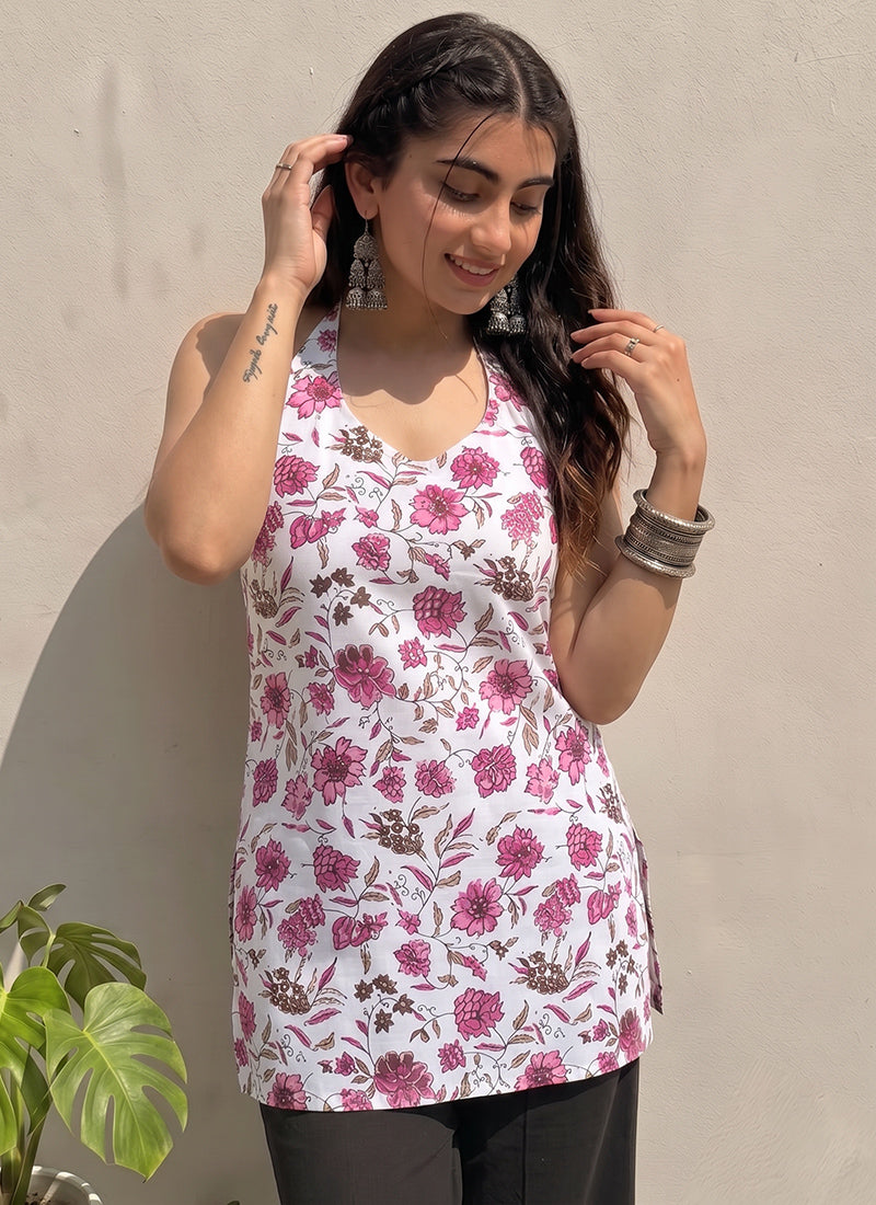 White Floral Printed Cotton Outwear Kurti