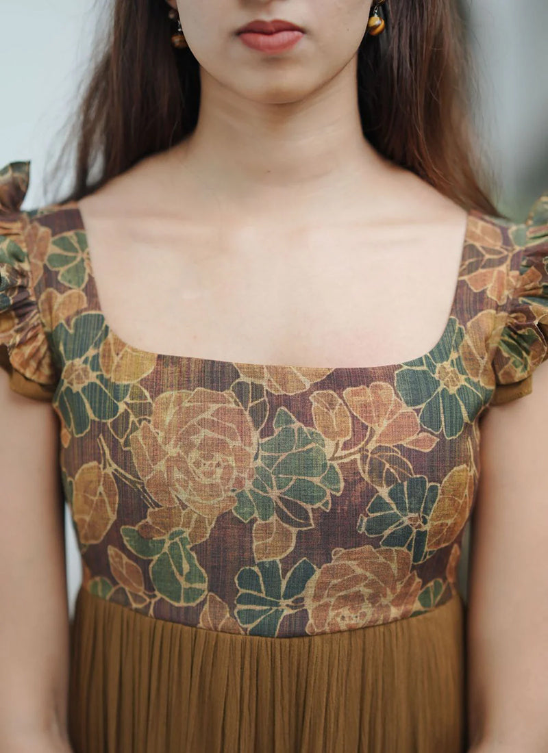 Floral Printed Brown Rayon Tiered Midi Dress