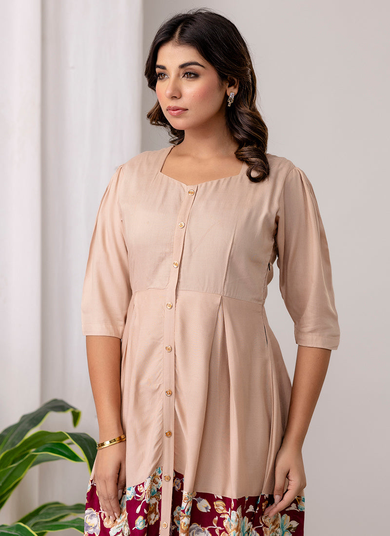 Beige Rayon Printed Outwear Midi Dress