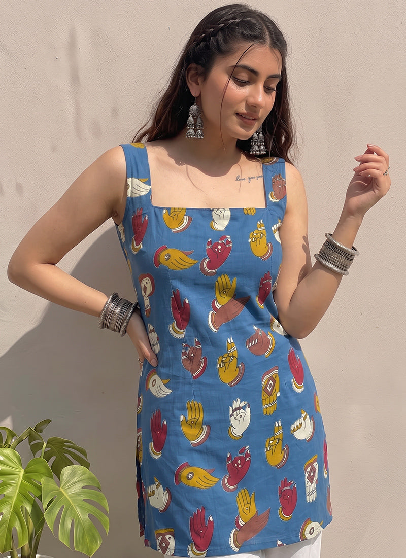 Blue Cotton Printed Straight-Cut Kurti
