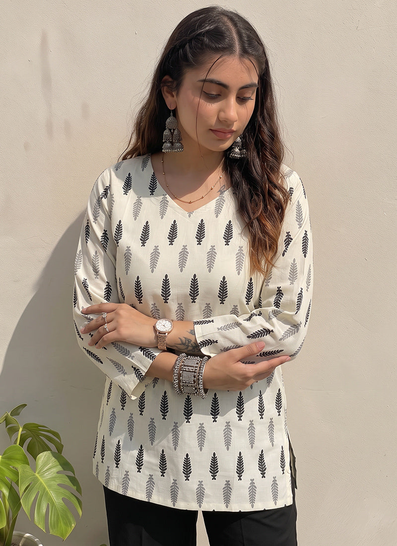 White And Black Cotton Printed Kurti