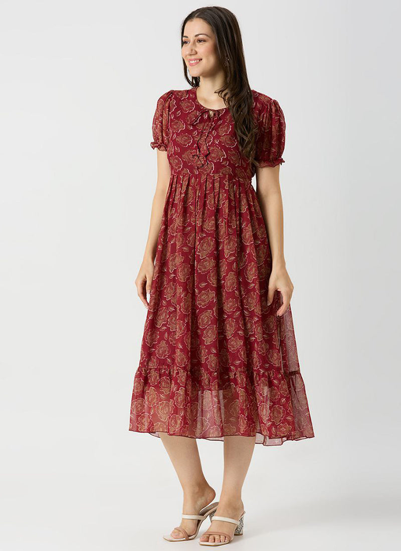 Georgette Maroon Rose Printed Midi Dress