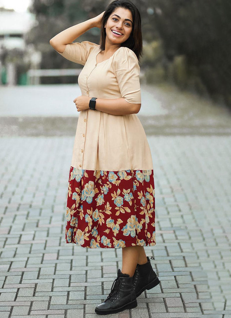Beige Rayon Printed Outwear Midi Dress