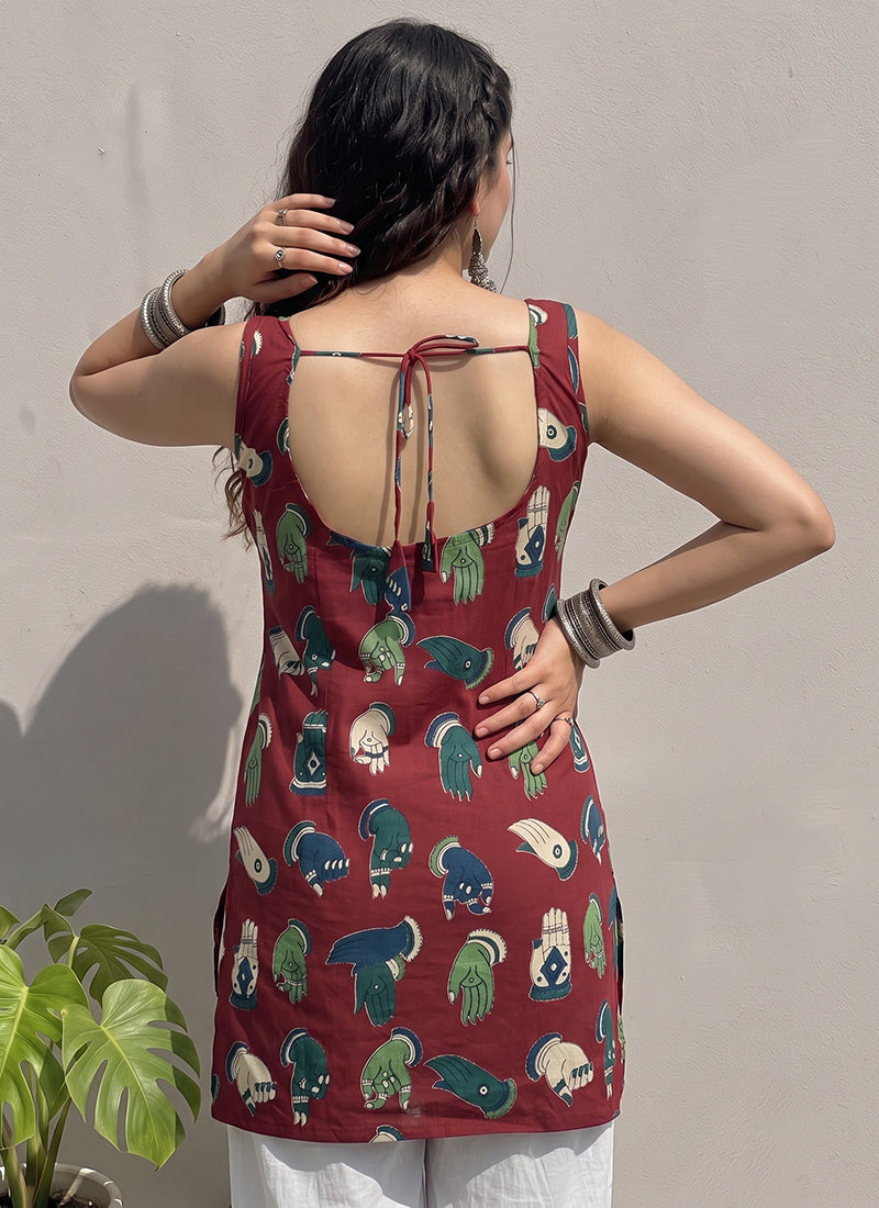 Maroon Cotton Printed Straight-Cut Kurti