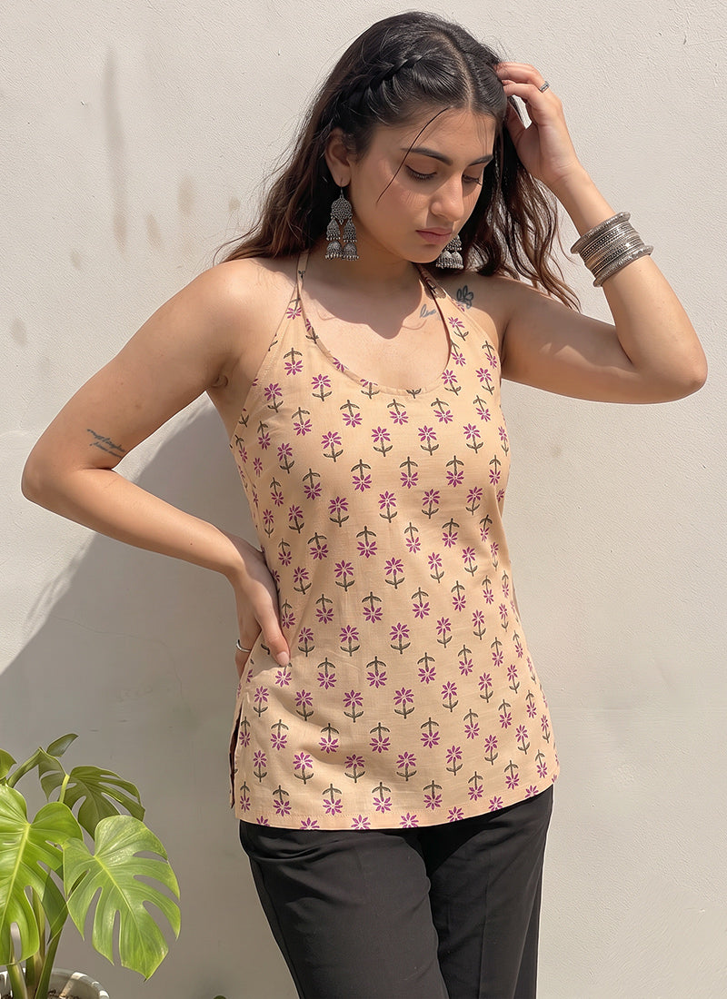 Peach Cotton Printed Sleeveless Kurti