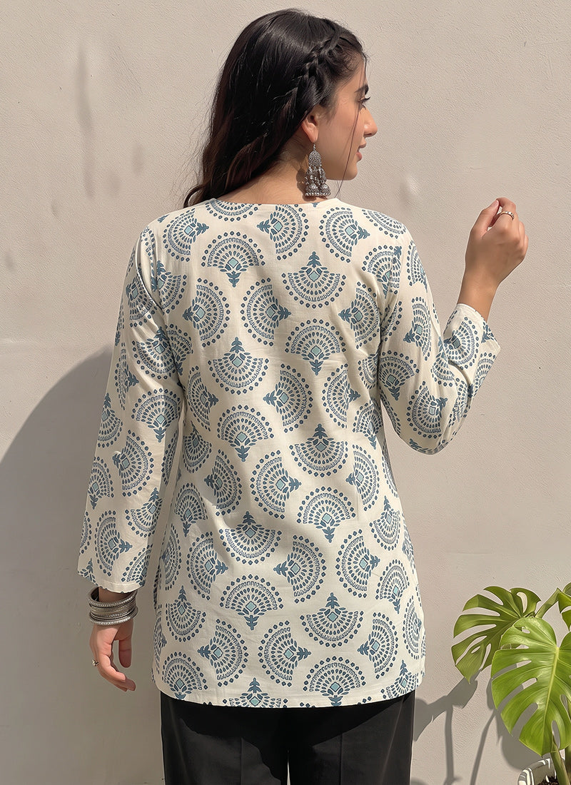 Off White And Green Printed Cotton Kurti